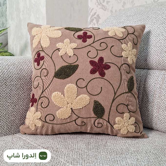 رویه کوسن کتان طرح گل پیچک